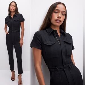 Good American Fit For Success Black Denim Jumpsuit Medium NWT Stretch Pockets